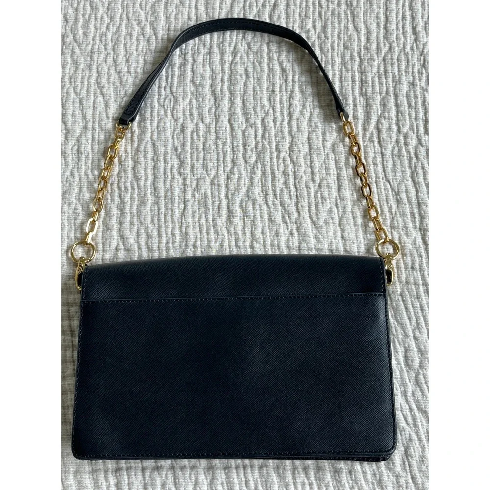 Tory Burch Black Saffiano Leather Envelope Clutch Gold Chain Purse Bag